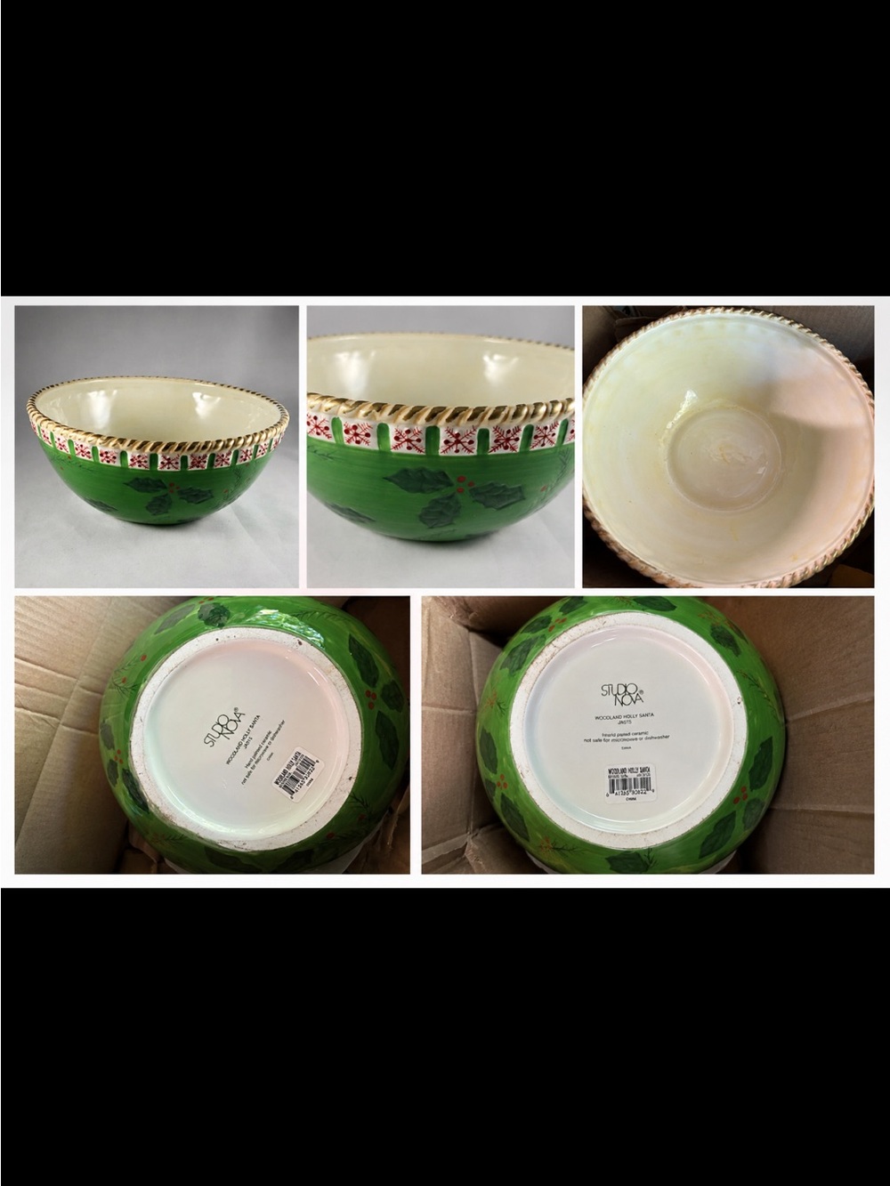 Studio Nova Woodland Holly Santa JA015 Christmas Serving Bowl 10” Hand Painted